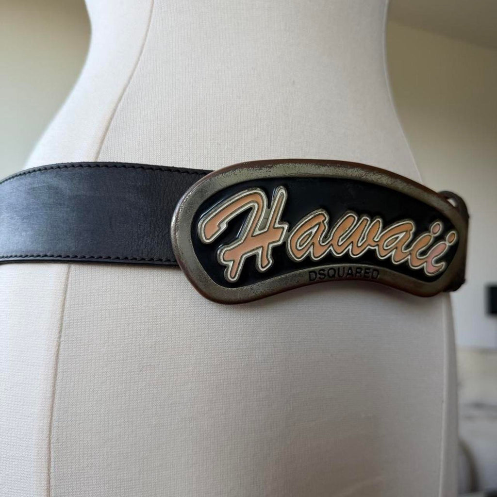 Dsquared2 SS2005 Hawaii Logo Buckle Black Leather Belt