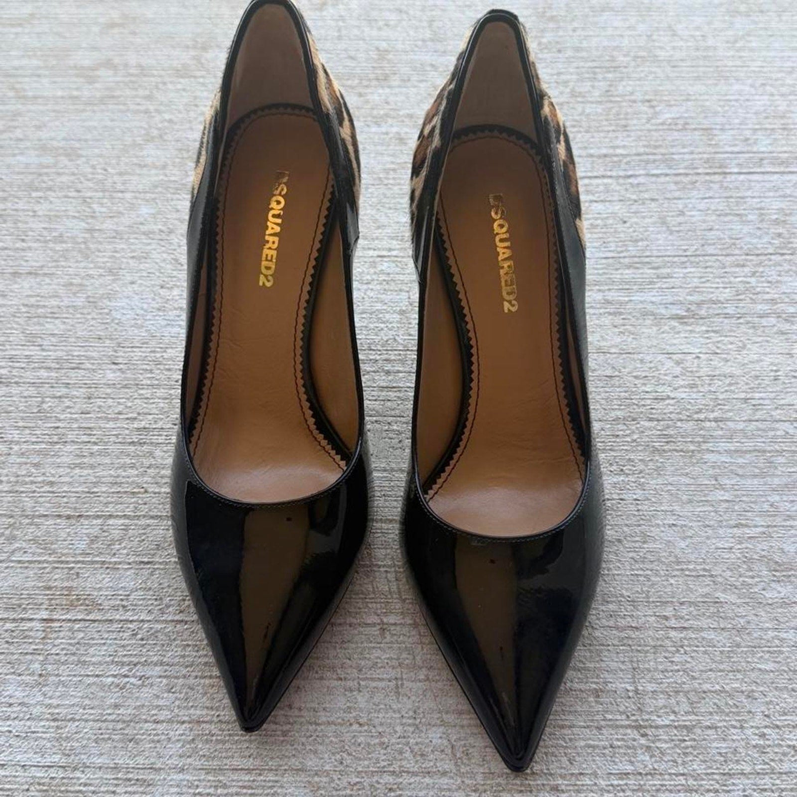 Dsquared2 Leopard Calf Hair Black Patent Pointed Pumps