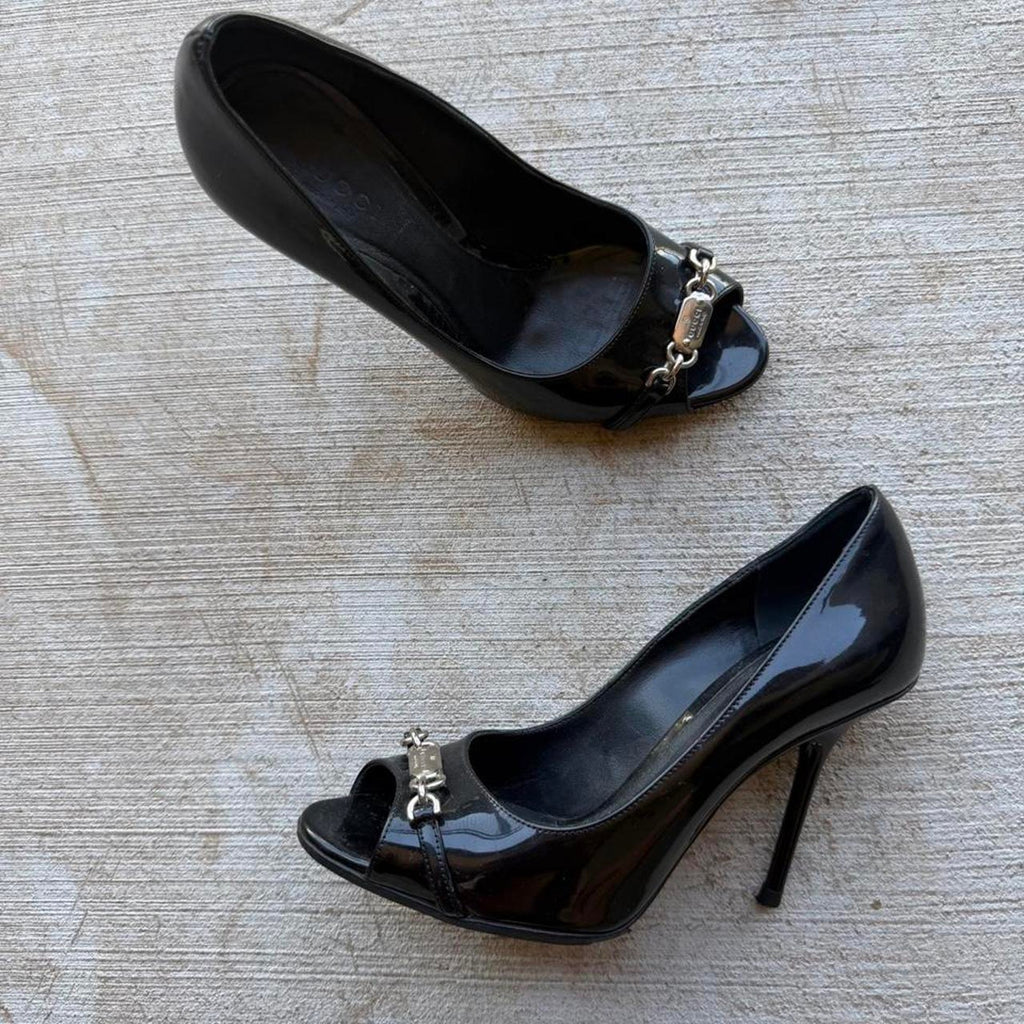 Gucci Silver Chain Black Patent Peep-Toe Pumps