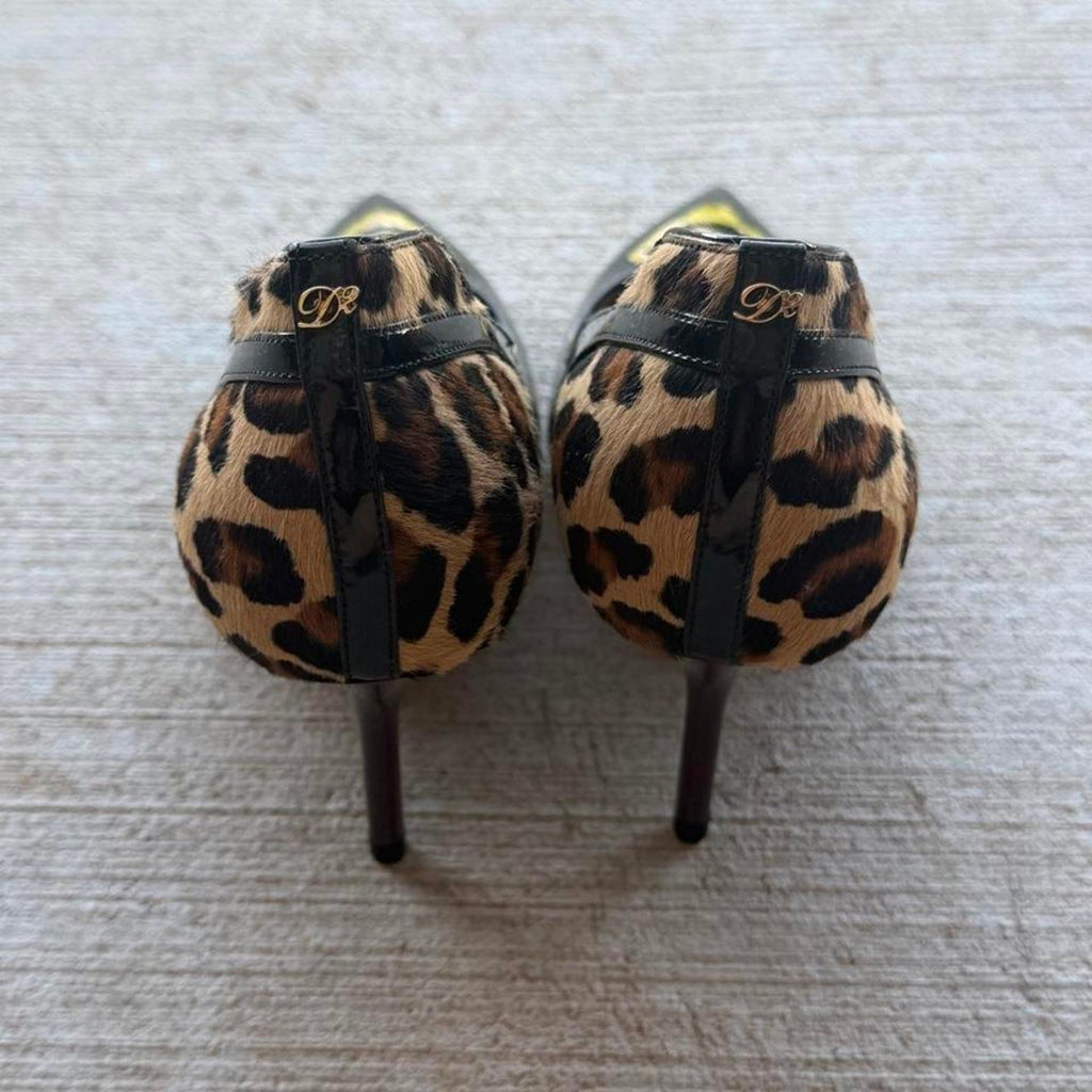 Dsquared2 Leopard Calf Hair Black Patent Pointed Pumps