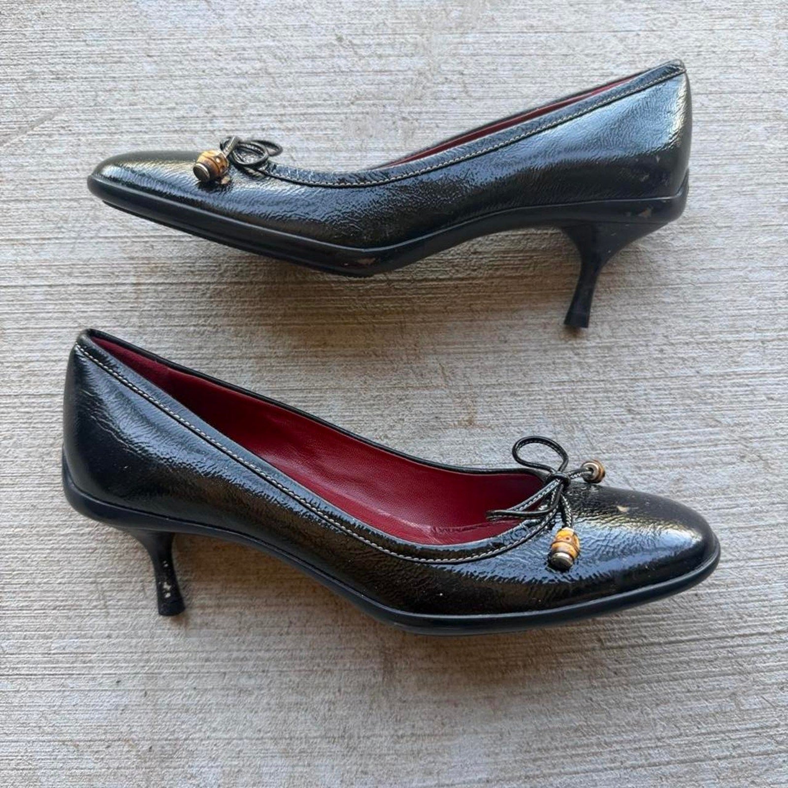 Gucci Bamboo Bow Black Patent Kitten Heel Pumps
