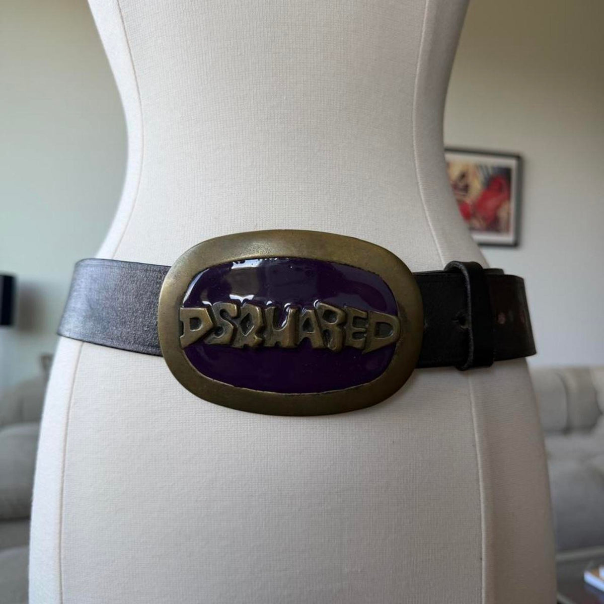 Dsquared2 Purple Brass Logo Buckle Black Leather Belt