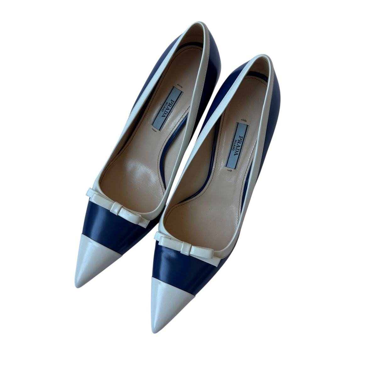 Prada Ribbon Pointed Toe Pumps Blue / White