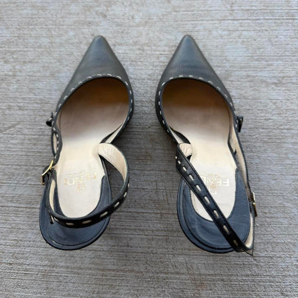 Fendi Selleria Black Leather Slingback Pumps