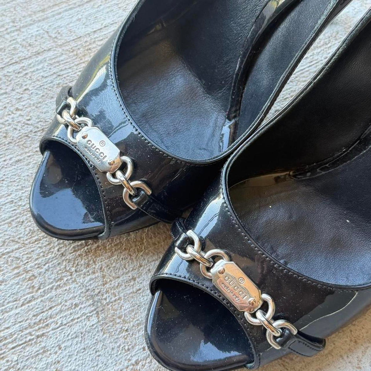 Gucci Silver Chain Black Patent Peep-Toe Pumps