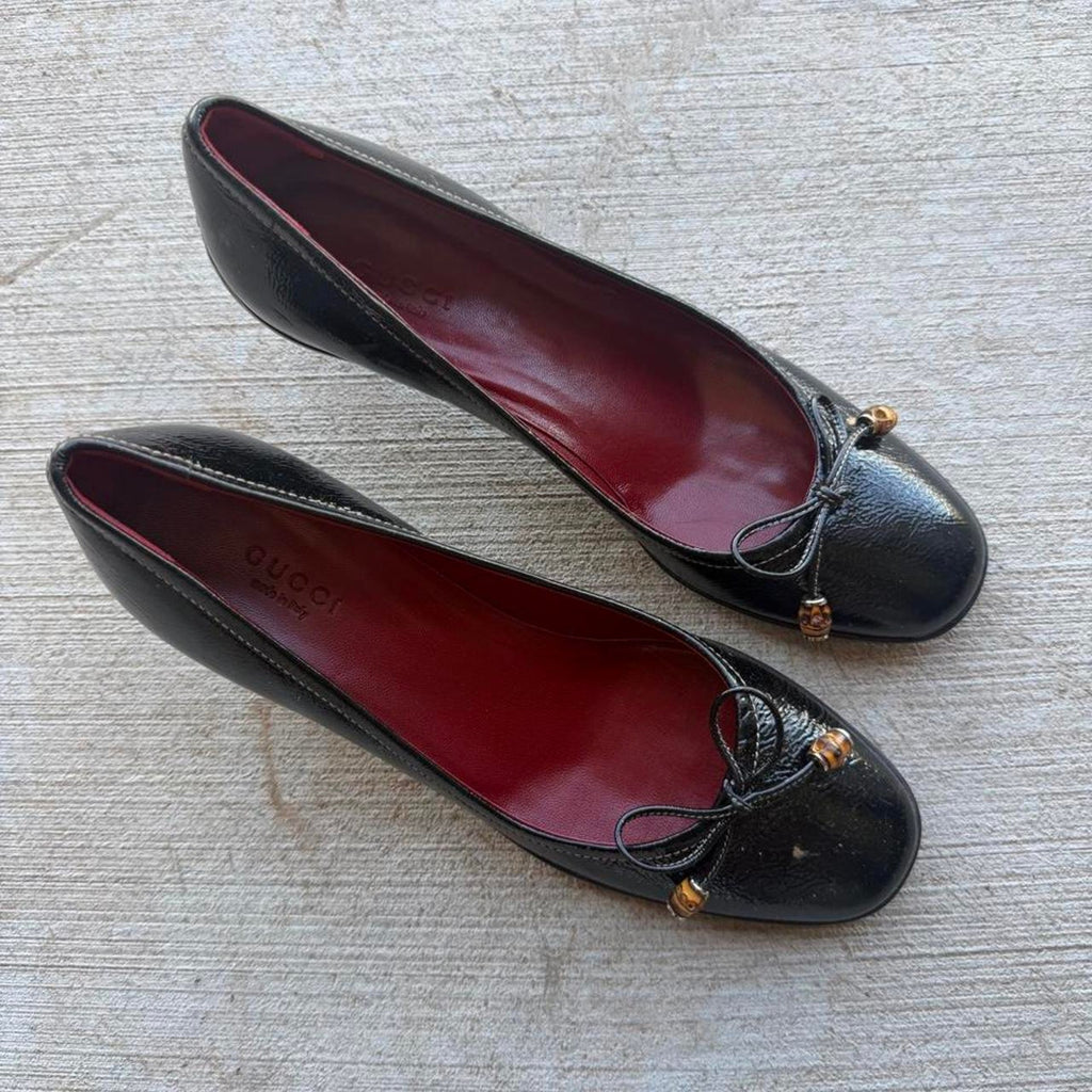 Gucci Bamboo Bow Black Patent Kitten Heel Pumps