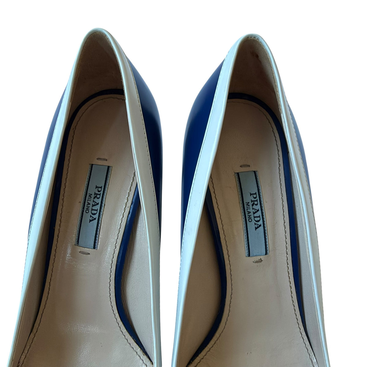 Prada Ribbon Pointed Toe Pumps Blue / White