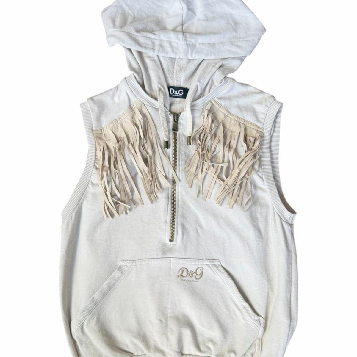 D&G Dolce & Gabbana Leather Fringe Sleeveless Hoodie