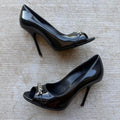 Gucci Silver Chain Black Patent Peep-Toe Pumps