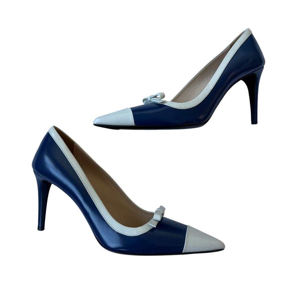 Prada Ribbon Pointed Toe Pumps Blue / White